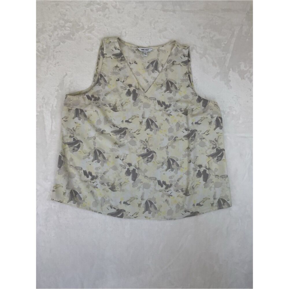 Nine West V-Neck Blouse Womens XXL Gray Sage Yellow Abstract Floral Tank Lined